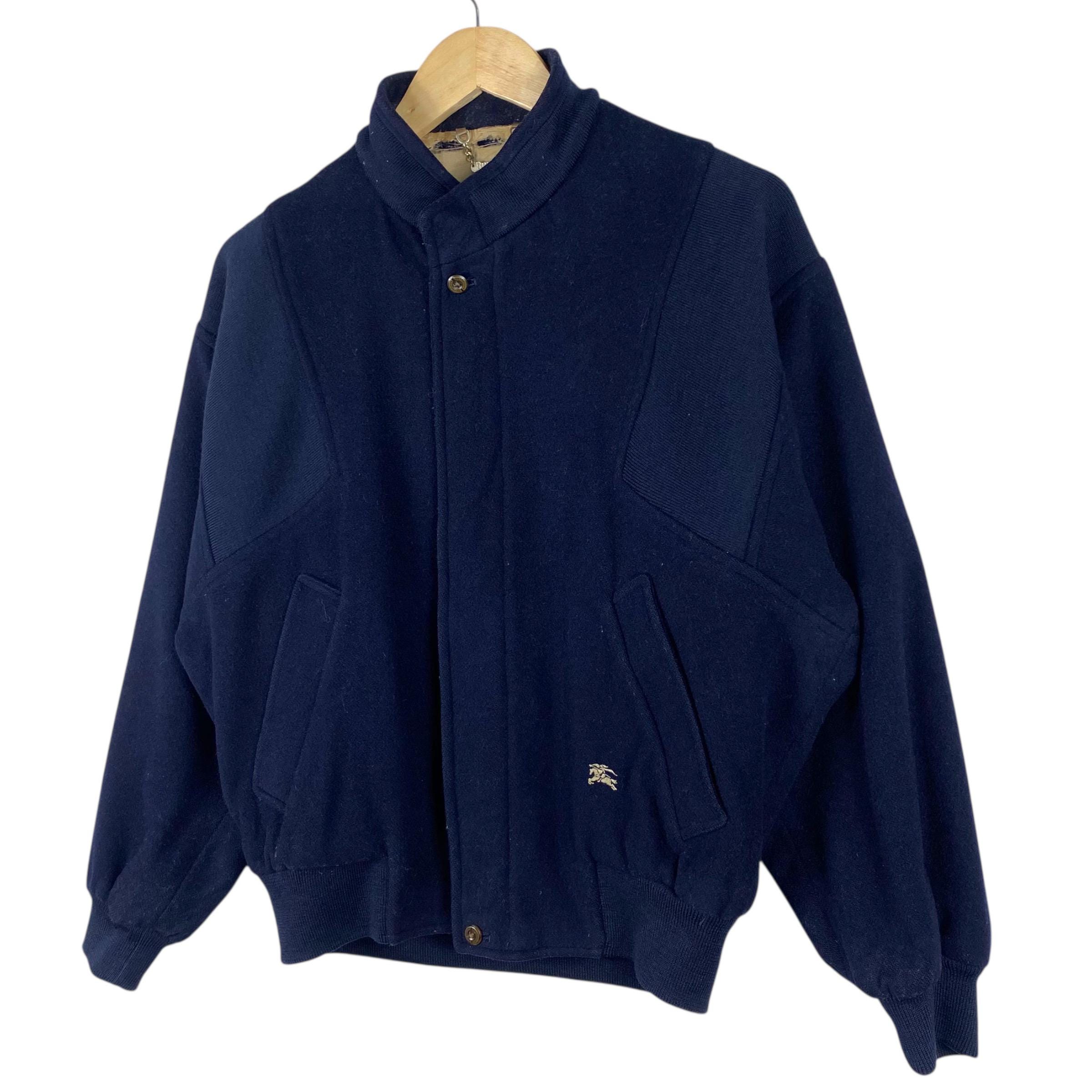 Vintage 90s Burberry Wool Bomber Jacket, Navy Blue Checked, Size