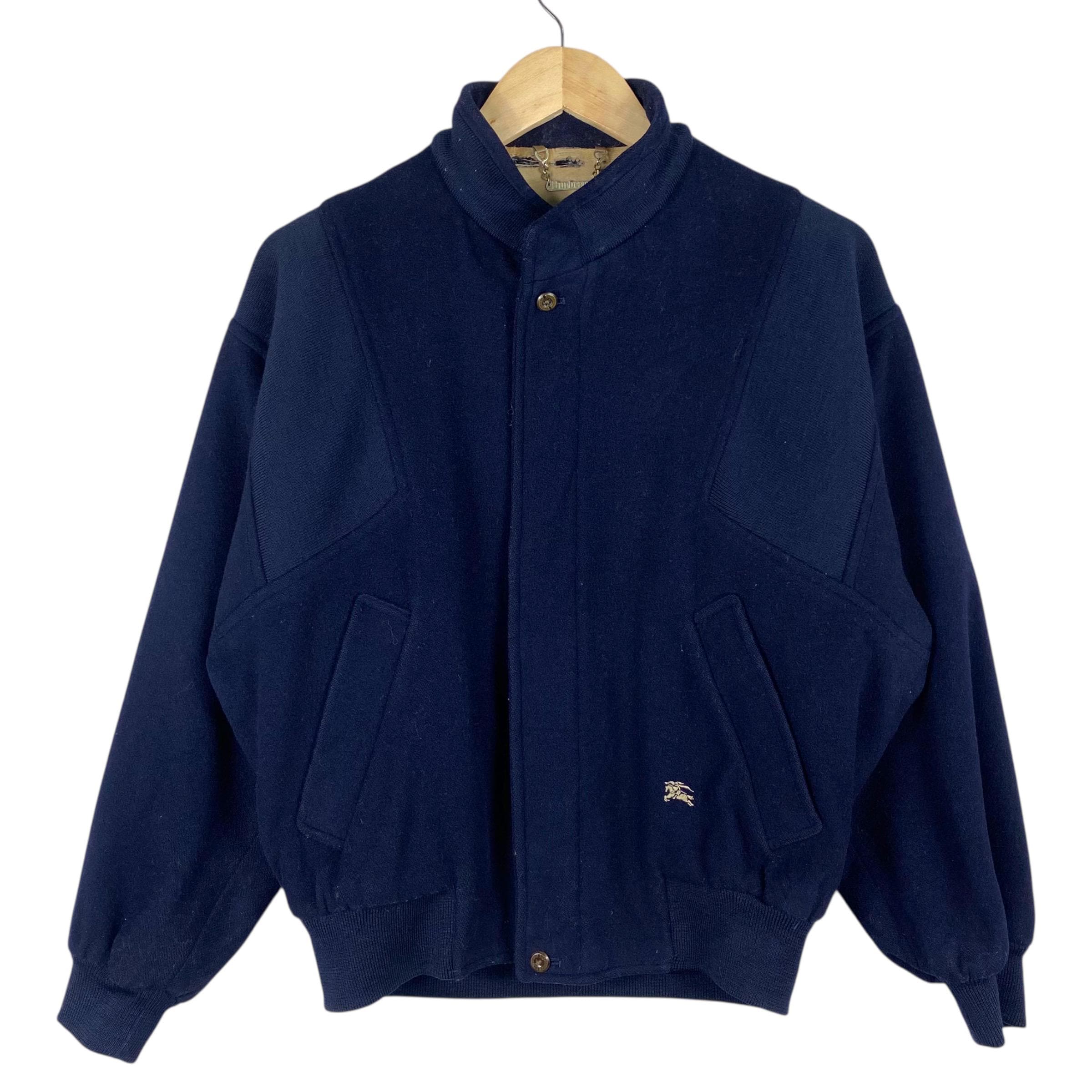 Vintage 90s Burberry Wool Bomber Jacket, Navy Blue Checked, Size