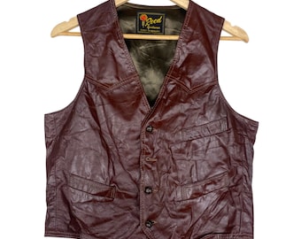 Brun läderväst från 1970-talet från REED Sportswear, klassisk västerländsk stil, tillverkad i USA, storlek 36, liten