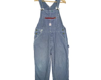 1960年製 ポインター鉄道ストライプデニム ヴィンテージオーバーオール ファッションブルーウォッシュ サイズW36