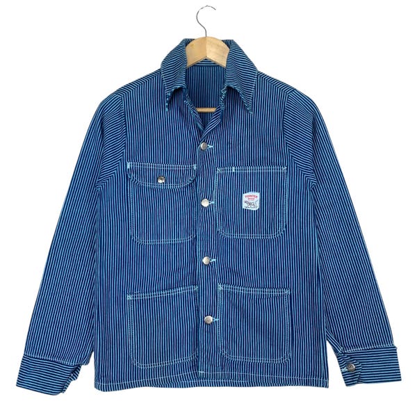 Vintage Pointer Brand Hickory Striped Denim Blue Washed Chore Worker Jacket Size 32 XSmall