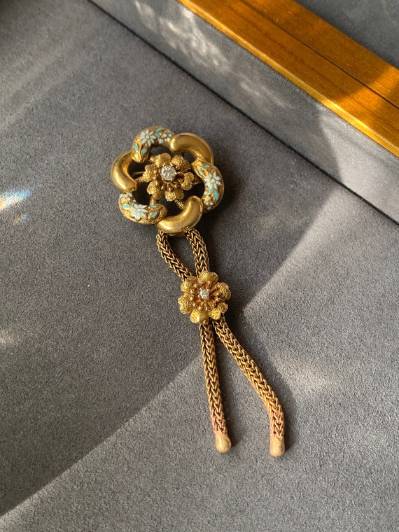 Antique Enamel Diamond Floral Pin 14K Gold