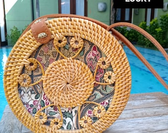 FREE SHIPPING New Styles Handmade Boho Bali Round Rattan, Leather Straps Button Snap Clutch, A Must Have New Design Summer Beach Bag