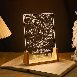 Carte des étoiles personnalisée par date veilleuse, plaque acrylique de carte de constellation personnalisée, ciel nocturne LED par date et emplacement, cadeau de fiançailles pour elle