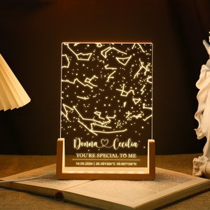 Aangepaste sterrenkaart op datum nachtlampje, gepersonaliseerde sterrenbeeldkaart acryl, echte nachtelijke hemel op datum en locatie, verlovingscadeau, bedlampje