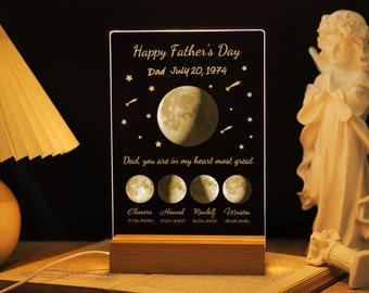 Personalized Moon Phase Night Light, First Father Gift for Dad Papa, Custom Moon Acrylic Plaque, Moon LED Dector Lamp, The Night We Met Gift