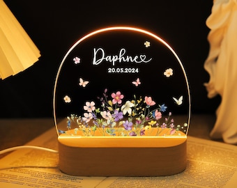 Luz noturna personalizada com flores, abajur de mesa com flores de acrílico, luzes LED com nome e data das crianças, lembrancinhas de chá de bebê, presentes de batismo para meninos e meninas