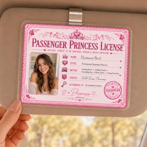 Könnte beinhalten: Eine rechteckige, rosa-weiße Passenger Princess License Karte mit einem Foto einer Person, dem Text Passenger Princess License sowie Feldern für Name, Titel, Aufgaben und Status, befestigt an einer Sonnenblende mit einem Metallclip.