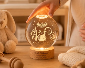 Gepersonaliseerde kristallen bol nachtlampje voor echofoto's, aandenken aan de baby-echo, gepersonaliseerd zwangerschapscadeau, herinnering aan de eerste babyfoto, decoratie voor de babykamer