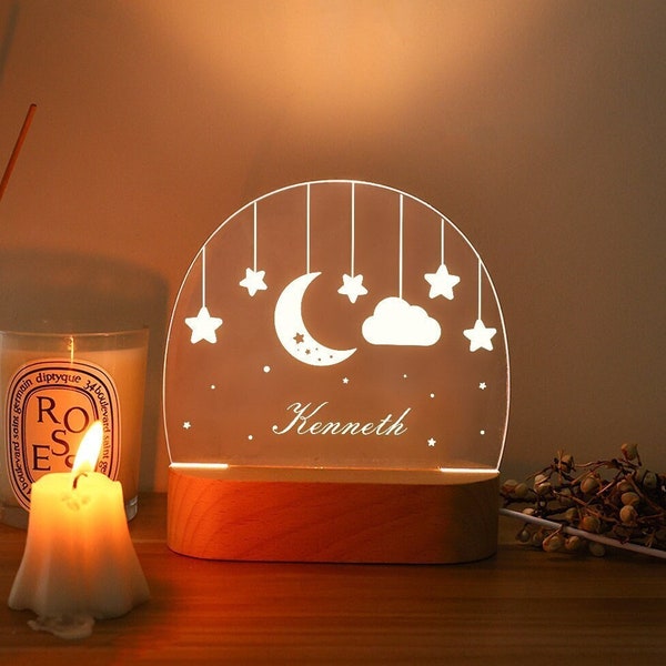 Moon and Star Custom Name Light Personalized Baby Night Light Gift for Kids Boy Girl Newborn Gift Personalized Birthday Gift Acrylic Light