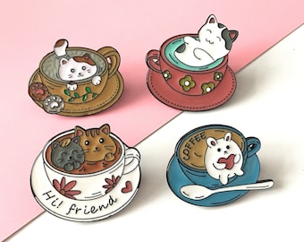 Cat coffee cup hi friend animal enamel pin pins lovely cute soft kawaii lapel Badge funny for Backpacks Jeans birthday gift for her display
