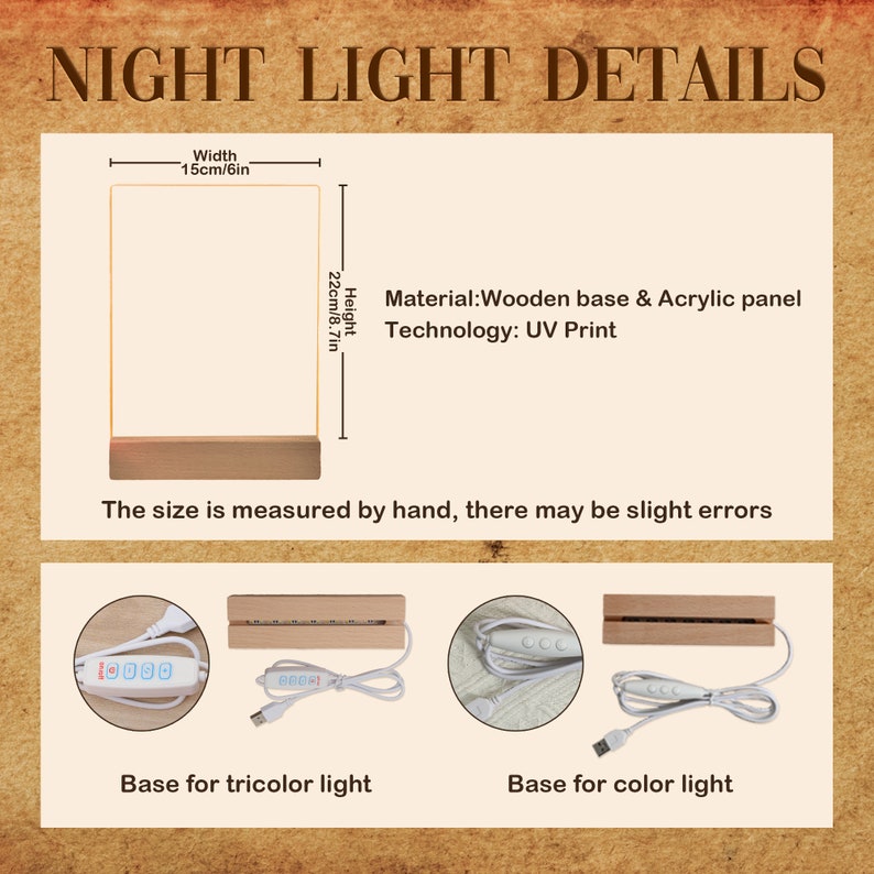 Pode incluir: Uma luz noturna com base de madeira e painel de acr&iacute;lico. As dimens&otilde;es s&atilde;o 15 cm de largura e 22 cm de altura. A imagem inclui detalhes sobre a base para luzes tricolores e coloridas. O texto diz "NIGHT LIGHT DETAILS".