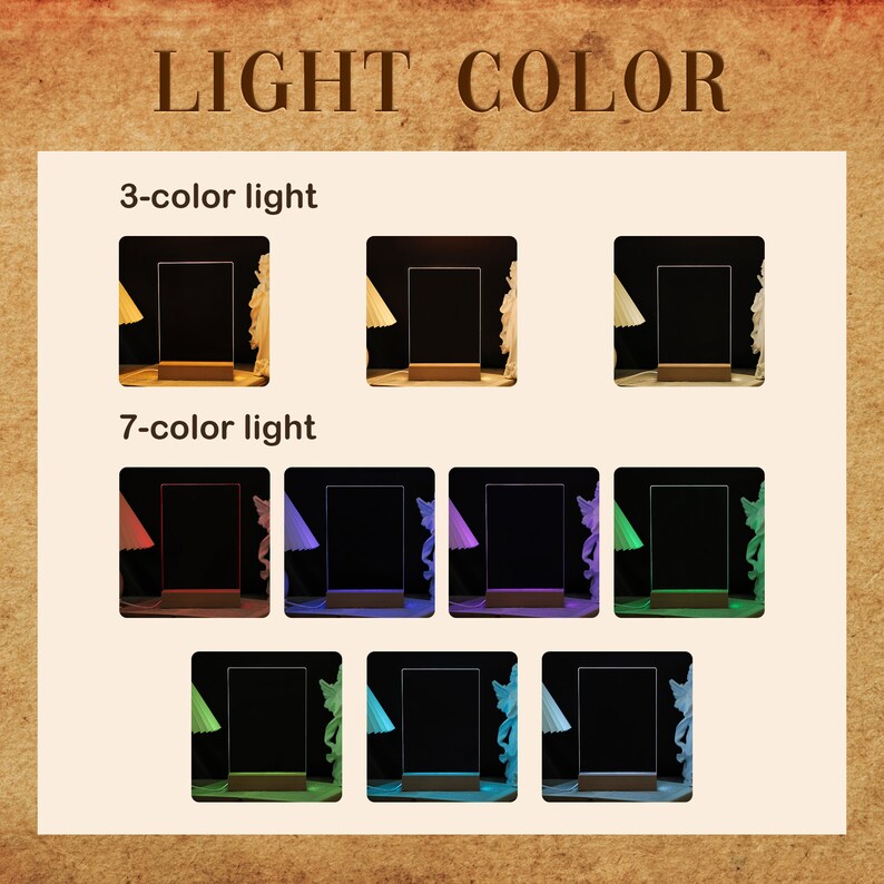 Pode incluir: Imagem mostrando pain&eacute;is de luz LED com o texto "LIGHT COLOR". Os pain&eacute;is s&atilde;o exibidos em v&aacute;rios modos de cores, incluindo op&ccedil;&otilde;es de 3 e 7 cores. Cada painel tem uma base de madeira e uma superf&iacute;cie de luz retangular transparente.