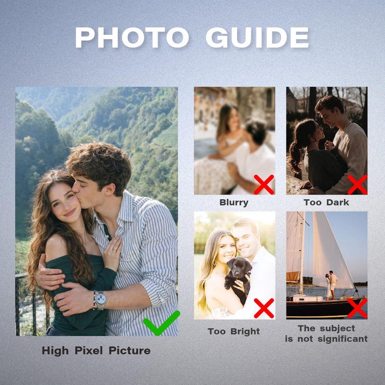 May include: A photo guide infographic titled PHOTO GUIDE showing a high pixel picture of a couple with a green checkmark, alongside four examples marked with red X symbols labeled Blurry, Too Dark, Too Bright, and The subject is not significant.