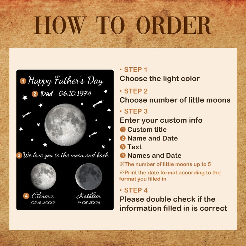 Pode incluir: Um presente personalizado para o Dia dos Pais com fundo preto, gr&aacute;fico da lua e o texto "Happy Father's Day". Inclui instru&ccedil;&otilde;es de personaliza&ccedil;&atilde;o: cor da luz, n&uacute;mero de luas, informa&ccedil;&otilde;es personalizadas e nome/data.