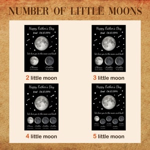 Pode incluir: Uma impress&atilde;o personalizada para o Dia dos Pais com tema lunar. O fundo preto apresenta uma grande lua, estrelas e o texto "We love you to the moon and back". A impress&atilde;o inclui o texto "Happy Father's Day" e a data 06.10.1974.