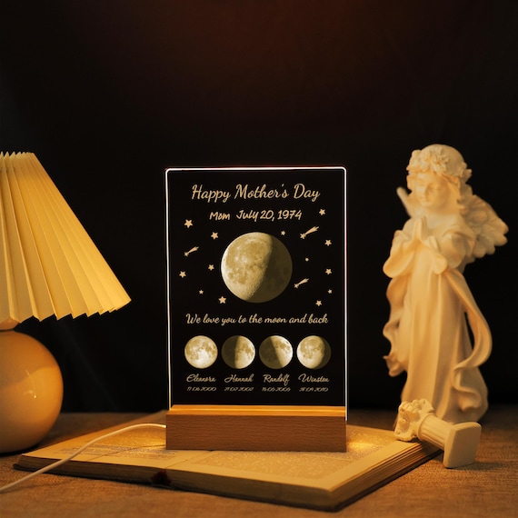 Personalized Moon Phase Night Light, First Mother Gift for Mum Mama, Custom Moon Acrylic Plaque, Moon LED Dector Lamp, The Night We Met Gift