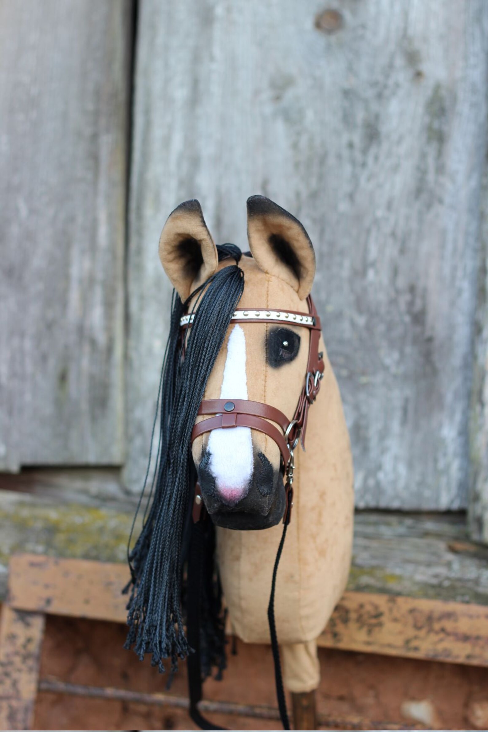 Hobby-Pferd Stock Pferd in Buckskin Farbe Zaumzeug ...