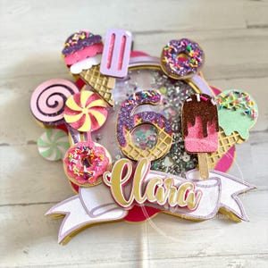 Gepersonaliseerde Candyland-taarttopper: donuts, ijs Verjaardagsfeestjedecoratie