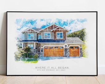 May include: A watercolor painting of a house with a light blue, gray, and brown exterior. The house has a double garage door and a basketball hoop. The text "WHERE IT ALL BEGAN" is written below the house, along with the address "6TH AVE STEWART, BC | 2021".