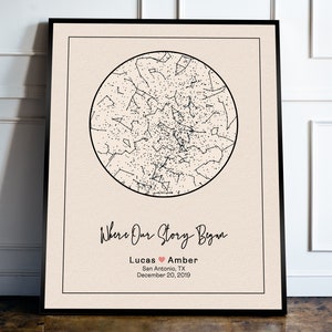 Carte des étoiles personnalisée encadrée par date, impression ciel nocturne, cadeau personnalisé pour couple, cadeau de fiançailles pour lui, cadeau de mariage pour elle, cadeau de Noël
