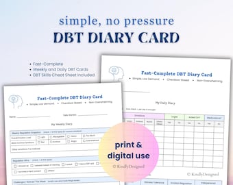 Simple DBT Diary Card For Teens and Adults, Skills Tracker and Cheat Sheet (Printable & Digital)
