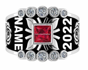 Custom Sterling Silver Class Ring: Princess Cut Stone, Engraved Name & Year