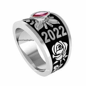 925 Silver Graduation Class of 2026, 2027 School Ring with  Marquise Cut Stone  Bezel Setting with Engraved Class Year