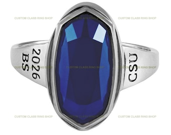 Personalized Sterling Silver Class Ring: Oval Cut Cubic Zirconia