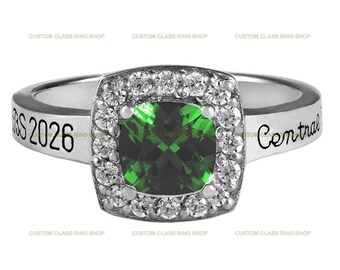 Cushion Cut CZ Class Ring: Moissanite Halo, Sterling Silver 925