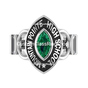 May include: A silver class ring with a black enamel oval featuring the words "Mountain Pointe High School" and a green emerald-shaped stone.