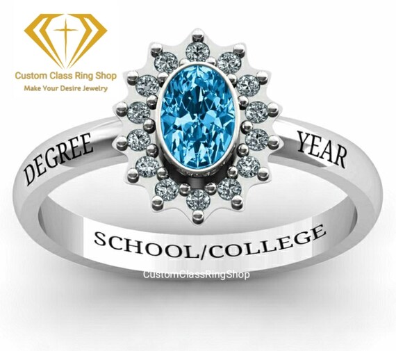 Customizable Class Ring For Women - Sterling Silver Or Gold, Graduation Gift With Gemstone