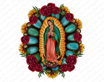 Lady Of Guadalupe Gemstone Rose Sunflower Png, Our Lady of Guadalupe Png, Mother png, Mom Png, Virgen de Guadalupe PNG, Latina Mexican Png