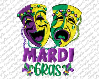 May include: A digital illustration featuring two Mardi Gras masks, one smiling and one crying, with beaded necklaces. The text "MARDI GRAS" is in purple, with green fleur-de-lis accents. A festive design.