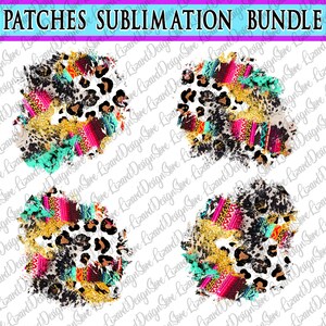 May include: Four sublimation patches with a distressed, grunge aesthetic. The patches feature a mix of animal print, colorful stripes, and gold glitter. The patches are perfect for adding a unique touch to clothing, bags, or other crafts.