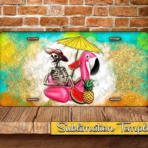 Summer Skeleton License Plate Png, Summer Flamingo Skeleton Png, License Plate Png, Summer License Plate Sublimation Design