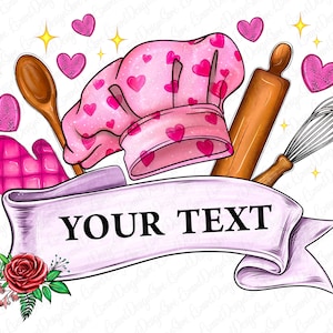 Puede incluir: Un gorro de chef de color rosa y blanco en forma de corazón con un guante de horno de color rosa y blanco con estampado de corazones, un rodillo de madera, una cuchara de madera y un batidor. Debajo de los artículos hay una pancarta rosa con el texto "YOUR TEXT".