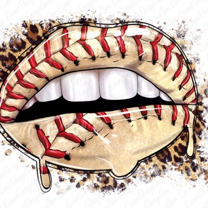 May include: A pair of red lips with a baseball stitch design. The lips are dripping with a clear, glossy substance. The background is a brown and white leopard print.