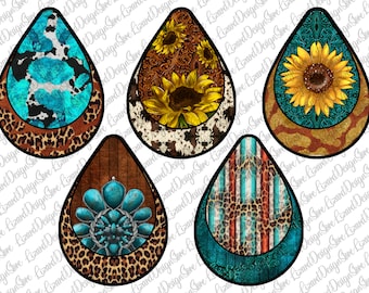 Pacchetto orecchini a goccia occidentali PNG, Pacchetto a goccia, PNG occidentale, Pelle di mucca, Serape, Leopardo, Girasole, Pietra preziosa turchese, Download immediato
