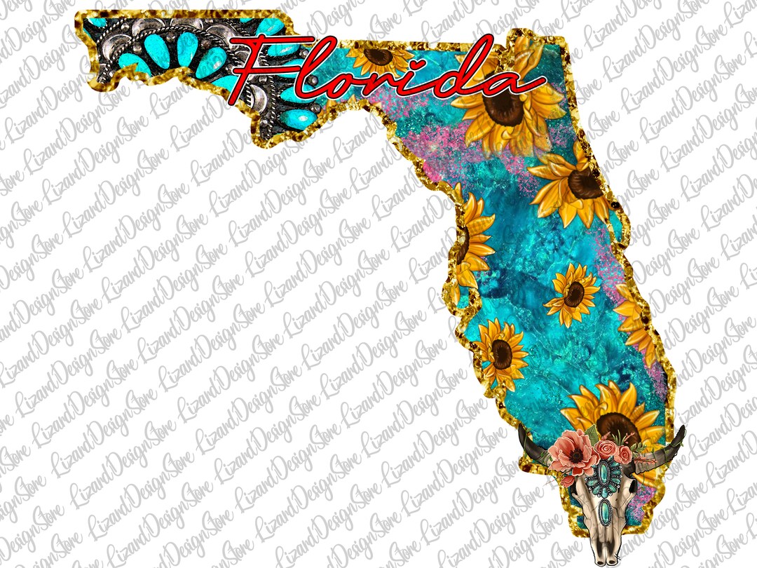 Florida Sunflower Gemstone Map Florida State Boho Skull Etsy