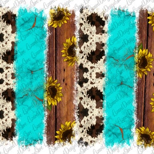 May include: A digital design featuring a rustic wood background with a turquoise blue border. The wood has a distressed look and is decorated with sunflowers. The background is a cowhide pattern.