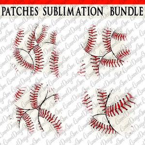 Könnte beinhalten: Ein digitales Design mit einem Muster aus weißen Baseballs mit roten Nähten auf weißem Hintergrund mit einem verwaschenen Aquarell-Effekt. Das Design ist mit "PATCHES SUBLIMATION BUNDLE" beschriftet.