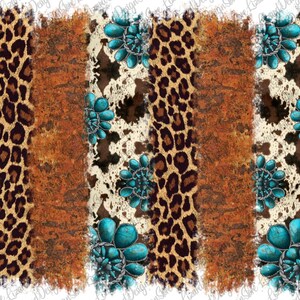 May include: A digital seamless pattern featuring a repeating design of brown and black leopard print, brown and orange rust, white and brown cowhide, and turquoise blue floral embellishments.