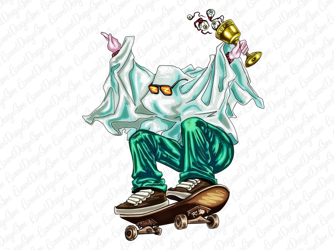 Skater Ghost Png Sublimation Design, Ghost Skeleton Png, Skateboard