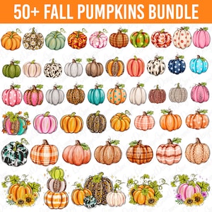 May include: A collection of over 50 fall pumpkin illustrations in various colors and patterns. The pumpkins include orange, pink, green, and brown, with designs such as polka dots, plaid, and leopard print. The text "50+ FALL PUMPKINS BUNDLE" is at the top.