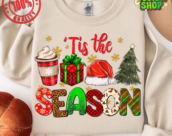 Tis The Season Christmas PNG winter latte Santa presents tree Vibes coffee Love Thanksgiving Family Sublimation design hand drawn