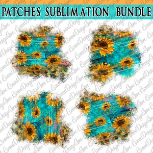 May include: Four digital sublimation designs featuring a distressed wood background with a turquoise blue wash and yellow sunflowers.