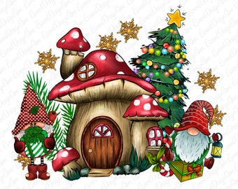 Christmas Mushroom House Gnomies Png, Hand Drawn Gnome Png, Gnome Clipart, Mushroom Gnome Png, Christmas Mushroom House Sublimation Png