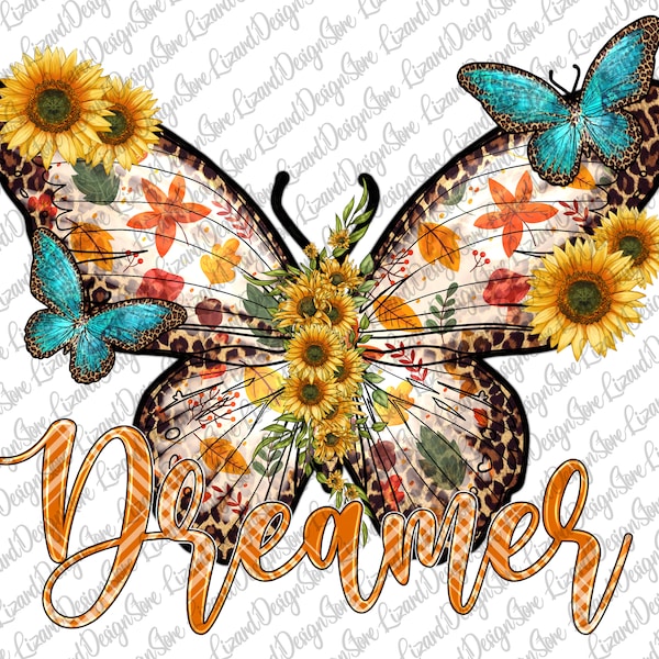 Dreamer with Butterfly Png, Western Butterfly Png, Dreamer Png, Sunflower Png, Floral Butterfly Png, Leopard Butterfly Png, Digital Png