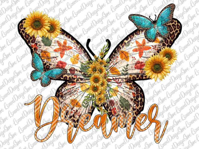 May include: A colourful butterfly with leopard print wings, surrounded by sunflowers and autumn leaves. The word "Dreamer" is written in orange and white checked letters.